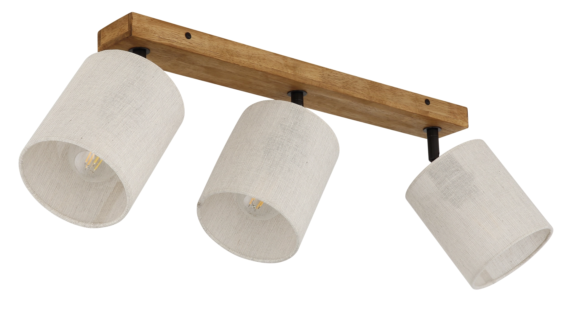 Produktfoto: Deckenstrahler JULE, 3-flammig, Holzleiste in Braun mit cremefarbenen Textilschirmen; verstellbare Spots für Wohnräume. Hersteller: Globo Handels GmbH, Artikel: Strahler – Holz braun – 81600346.