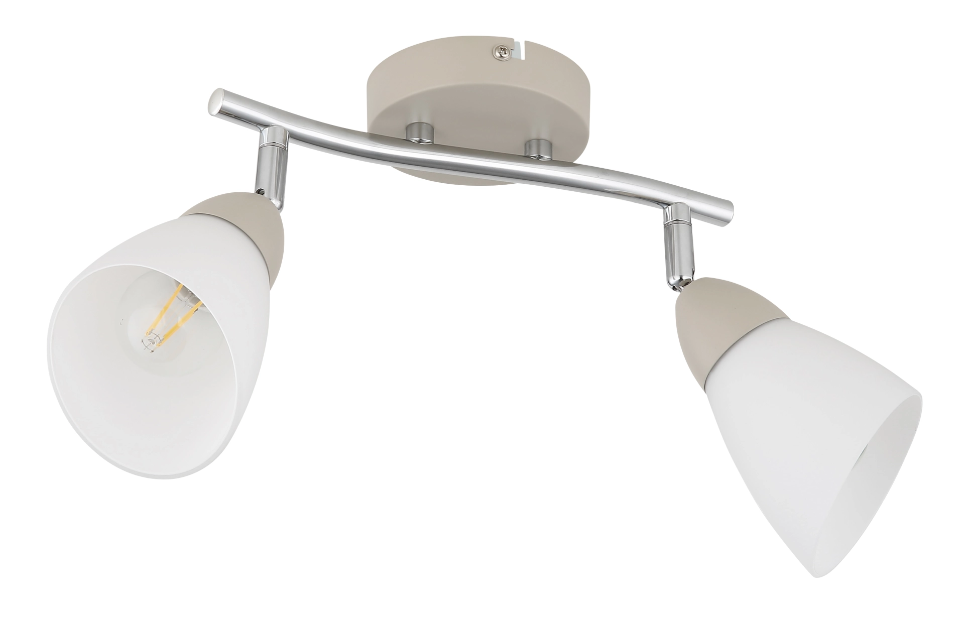 Wand-/Deckenstrahler PAULA mit zwei verstellbaren Spots, geschwungenem S-Bogen, rundem Wandschild sandfarben matt, verchromten Elementen und Schirmen aus opalem Glas für weiches Licht – Globo Handels GmbH, Art.-Nr. 81800243