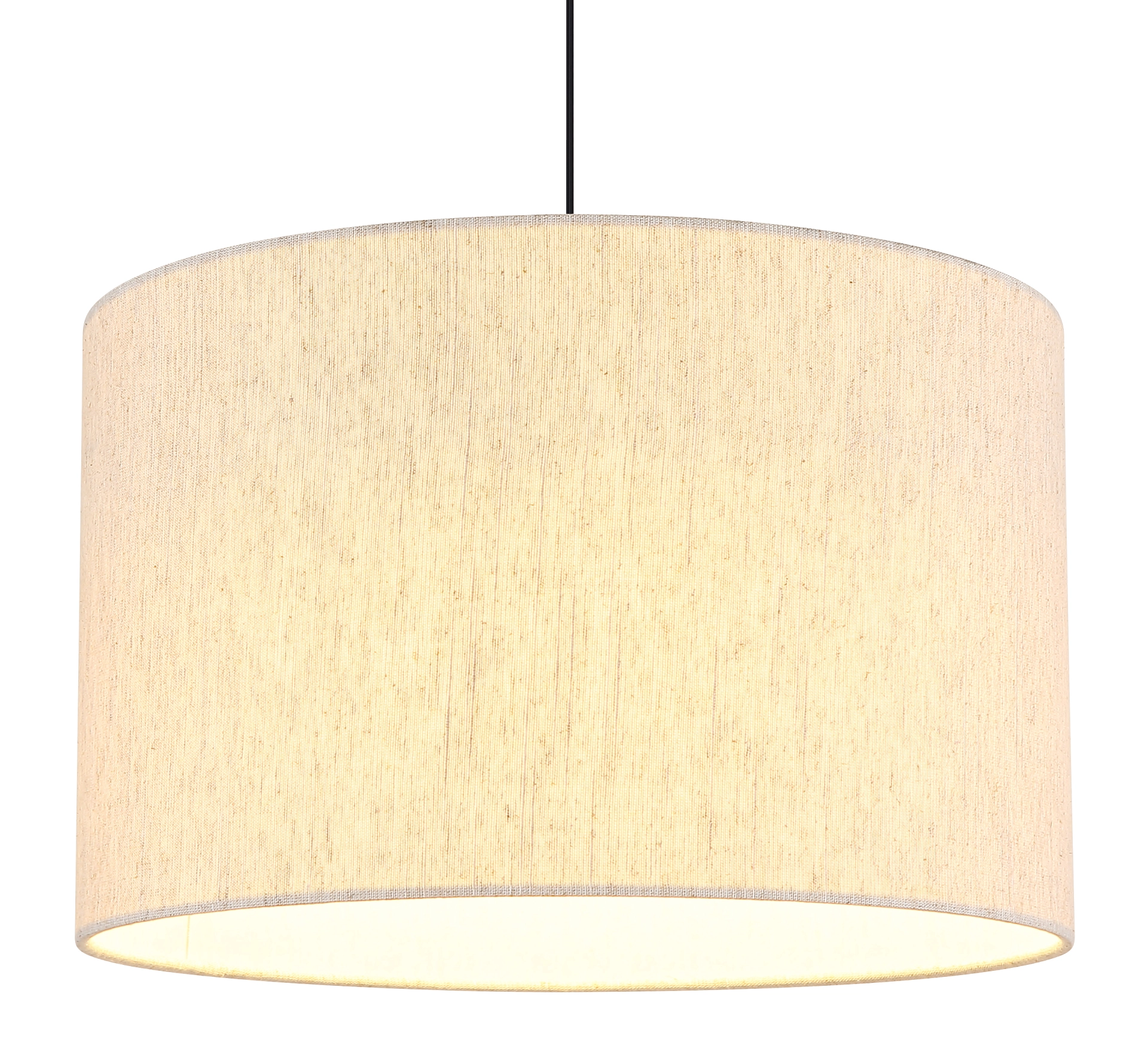 Runde Pendelleuchte THEA von Globo Lighting mit cremefarbenem Leinen-Textilschirm und schwarzem Kabel; Metallkorpus in Schwarz-Chrom; Ø35 cm, LED warmweiß 3000 K/450 lm, höhenverstellbar – ideal für Wohn- und Essbereich